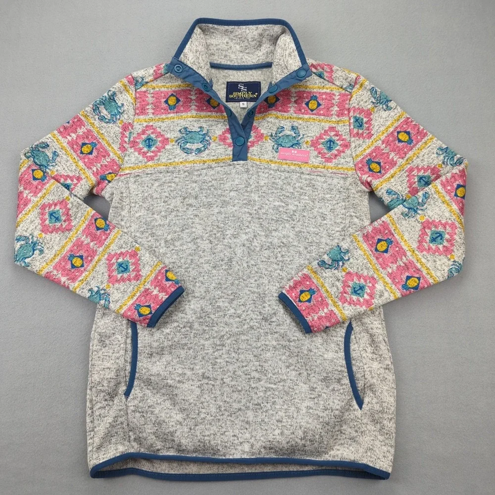Simply Southern Pullover Womens Small Gray Pink Blue Crab‎ Print Aztec Preppy
